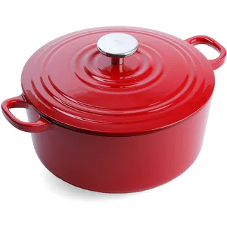 BK Cookware Deutsches Emaille-Gusseisen, 24 cm/4,2 Liter Schmortopf Auflaufform mit Deckel, Dutch Oven, Bräter, Feuertopf, Induktion, Spülmaschinenfest, Backofenfest bis zu 220°C, Chili Rot
