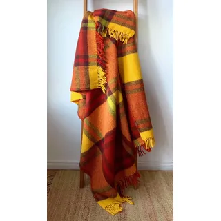 JOWOLLINA WOOLONLY 100% Lammwolle Wolldecke Plaid Karo Schottenmuster Tartan (Gelb/Henna-braun, 175x210 cm)
