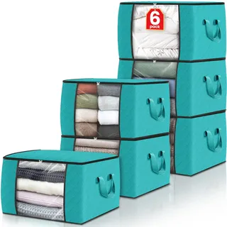 Fab totes 6 Stück Kleideraufbewahrung, faltbare dicke Stoffdecken-Aufbewahrungstaschen, Behälter für die Organisation von Schlafzimmer, Schrank, Kleidung, Bettdecke, Schrank-Organisation mit Griff