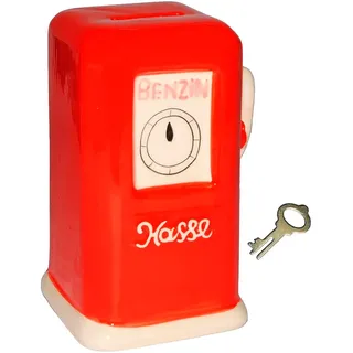 Spardose Zapfsäule Retro aus Keramik – Benzin-Spardose mit Schloss & Schlüssel, Geldgeschenk für Autofans & Oldtimer-Liebhaber – wählbar in Blau oder Rot (Rot)