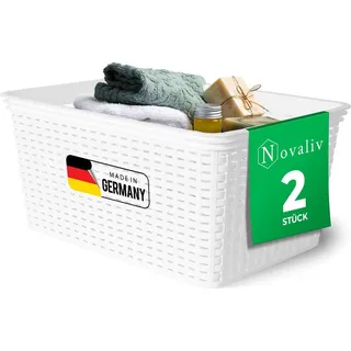 Novaliv 2 Stück Eleganter Aufbewahrungskorb in Rattan-Optik | Weiß Kunststoff 14L – Perfekt für Bad & Kleidungsaufbewahrung. Aufbewahrungsbox Badezimmer Körbchen Bad Organizer Korb Ordnungsbox - Weiß