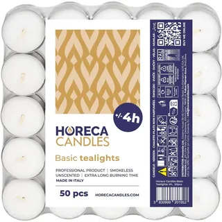 Horeca Candles - Teelichter mit 4 Stunden Brenndauer - 50 Stück, Weiß - Ohne Duft - Paraffinwachs - Hochzeit, Dekorieren, Feiern, Entspannen, Party
