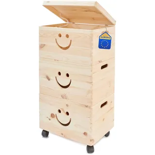 Pinus Spielzeugkiste 3er Set Lächeln mit Deckel 39x30x74cm stapelbar Rollen | Kiefernholz, 3 Boxen stapelbar, für Spielzeug Bücher Figuren, Kinderzimmer Ordnung, leicht beweglich, staubgeschützt