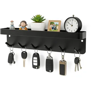 VINATO Schwarzes Schlüsselbrett mit Ablage & 6 Haken, Kohlenstoffstahl Schlüsselhalter Wandmontage, Selbstklebend Oder mit Schrauben, Schlüsselbrett für Eingang, Flur, Küche, Büro (24,5x4,5x6cm)