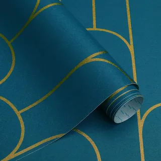CiCiwind Selbstklebende Tapete Gold und Türkis Geometrische Tapeten 44CM×10M Streifen Wandverkleidung Selbstklebend Verdicken Möbelfolie Selbstklebend Wasserfest Wand Schränke Möbel Vinyl Klebefolie