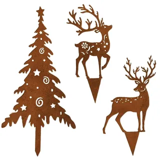 Generisch 3er Set Deko Baum aus Edelrost Metall, Rost Hirsch Deko Weihnachten Outdoor, Weihnachtsstecker Hirsch Metall, Wetterfeste Gartendeko mit Rostoptik, Für die Herbst Winter Saison Dekoration