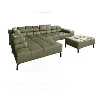 KAWOLA Sofa NELSON Ecksofa Leder olivgrün mit motorischem Sitzvorzug und Hocker Recamiere links - Olive