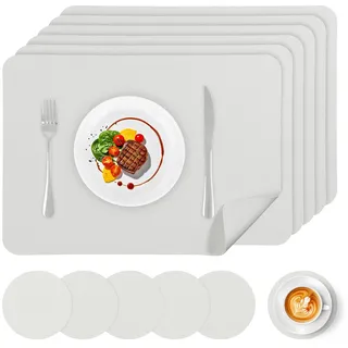 APLKER Tischset Leder 6er Set - Kunstleder Platzset Abwaschbar, Hitzebeständig Doppelseitigen Wasserdicht Platzdeckchen Lederoptik mit Tischuntersetzer rutschfest, 16.9 x 11.8 Zoll /43 * 30CM, Weiß