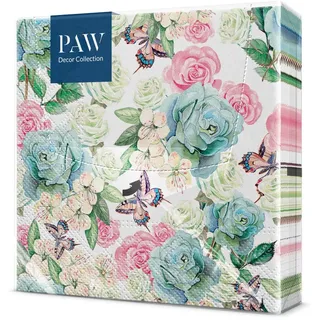Paw Decor Collection PAW - Servietten 3-lagig (33 x 33 cm) I 20 Stück I Perfekt für Geburtstage, Partys, Hochzeiten, Kommunion und Feiern I Papierservietten Bunt - Garten, Blumen I Farbe: Powder Garden