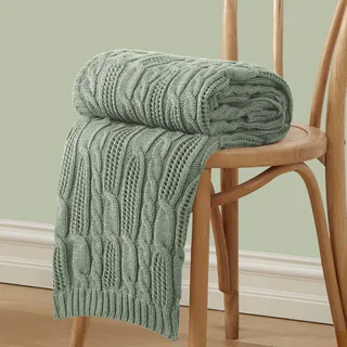 Aormenzy Zopfstrick-Überwurfdecken, 127 x 152 cm, weiche, gemütliche und leichte Strickdecke, maschinenwaschbar, Acryldecke, dekorative Überwurfdecke für Couch, Sofa, Bett, Salbeigrün