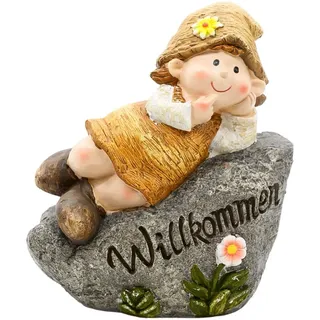 Wichtelstube-Kollektion XL Gartenfigur Yasmin auf Willkommen Stein Schriftzug 32cm Wetterfest Dekofigur Outdoor Gartendeko Eingangstür Deko Willkommen Schild