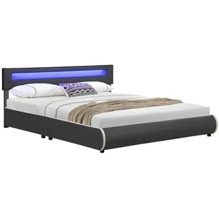 Juskys Polsterbett Sevilla dunkelgrau mit Matratze 180x200cm inkl. Led , Grau , Textil , 180x200 cm , Schlafzimmer, Betten, Polsterbetten