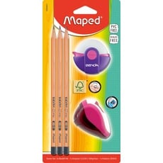 Maped - Starter Set für Schüler aus FSC-zertifiziertem Holz- 3x Bleistift BLACK'PEPS, 1x Radierer ZENOA, 1x Anspitzer CLEAN - grün, pink, blau - zufällige Farbauswahl, 5 Stück (1er Pack)