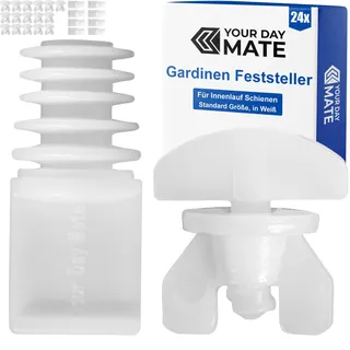 Gardinen Feststeller Set, 24 Stück, in Weiß, aus Kunststoff, 2 Varianten, Gardinen Stopper für Schienensysteme mit Innenläufen, Zwischenfeststeller Vorhangschiene, Endstopfen Schiene, Endfeststeller