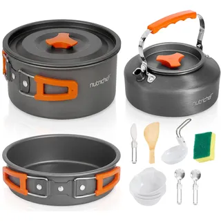 NutriChef Camping Kochgeschirr Set, 10 Teiliges Outdoor Geschirr, Aluminium | Camping Topf, Pfanne, Teekanne, Antihaftbeschichtet und Stapelbar, für 2-4 Personen, für Outdoor Wandern Reisen Picknick