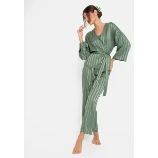 Pyjama LSCN BY LASCANA, Damen, Gr. 32, grün (dunkles tannengrün gestreift), Satin, Obermaterial: 97% Polyester, 3% Elasthan, gestreift, loose fit lang, Kimonoärmel abgesteppt, Homewear-Sets Pyjama, im Kimono-Stil