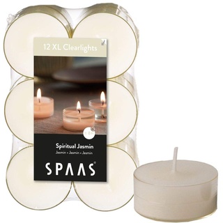 Spaas 12 Maxi Duftenden Clearlights, Teelichter mit durchsichtigem Halter, ± 8 Stunden-Spiritual Jasmin, Paraffinwachs, Weiß, D 56 mm x H 21 mm