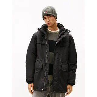 Parka TOMMY JEANS "TJM CITY READY", Herren, Gr. M, schwarz, Web, Obermaterial: 100% Polyamid. Futter: 100% Polyester. Füllung: 100% Polyester, regular fit normal, gerader Abschluss mit Klettverschluss, Jacken Parka, wasserabweisend, relaxed fit, mit fester Kapuze, Winterjacke