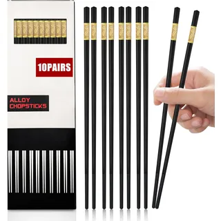 Jiaoshou Pan 10 Paar Fiberglas-Essstäbchen, Spülmaschinenfest und Wiederverwendbar, Japanische Essstäbchen, Stäbchen Schwarz Legierung 24CM für Sushi und Asiatische Gerichte (Golden Ruyi)