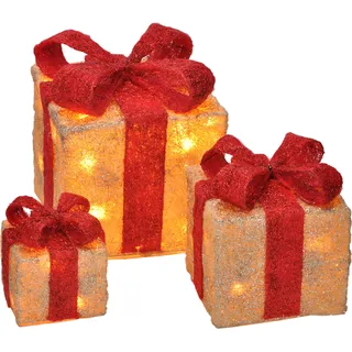 LED Geschenkboxen mit Timer 3er Set - ROT - Weihnachts Deko Boxen warm weiß beleuchtet Batterie betrieben mit Timer - Rot
