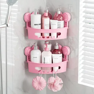 TAILI Duschablage Ohne Bohren,Einstellbar Ecke Dusche Caddy Saugnapf 2er Set Dusche Zubehör mit Haken Rostfrei Schwarz Duschregal Organisator, Rosa