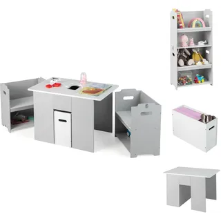 COSTWAY 3 TLG. Kindersitzgruppe, Kindertisch mit 2 Stühlen, 4 in 1 Aktivitätstisch mit Stauraum & abnehmbarem Deckel, multifunktionale Kindersitzgarnitur für Kleinkinder ab 3 Jahre, Grau