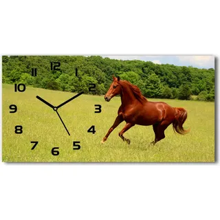 Wanduhr aus Glas – 60x30 cm - Glasbild - Glasuhr - Gehärtetes Glas - schwarze-zeiger - Pferd auf der Wiese