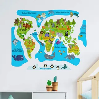 Sticker für Kinder | Wandaufkleber Weltkarte – Wanddekoration Kinderzimmer | 80 x 95 cm