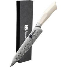 Kensaki Brotmesser aus Damaszener Stahl Küchenmesser Japanischer Art hergestellt aus 67 Lagen Damaststahl | Weißer G10 Griff - Shiro Serie