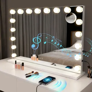 ZMH Schminkspiegel mit Beleuchtung 60X80CM Bluetooth 18 LED Großer Schminktischspiegel Licht Musik Vanity Mirror 3 Modi Tischspiegel Touch Dimmbar - Weiß