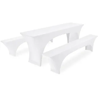 FXKS Eins 3er-Sets Elastische Biertischhussen, Weiß Biertisch und Bankabdeckung,50 cm Tischbreite, 220 x 50 x 70 cm Bierzeltabdeckung für Bankett-Partys im Freien Bierbank