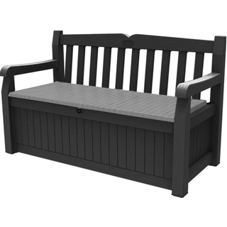 Keter Sitzbank Eden für Balkon und Garten, Gartenbank mit integrierter Kissenbox mit 265 l Stauraum, 140x60x84cm, wetterfest, pflegeleicht, grau, Outdoor, Holzoptik