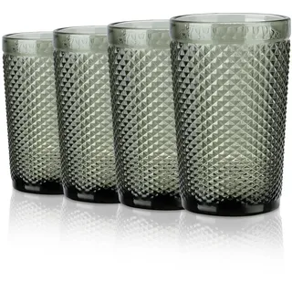 Joeyan 350ml Grau Trinkgläser Set von 4,Bunt Wassergläser Set mit Diamant Relief,Vintage Gläser Set for Zuhause Restaurant Bar,Spülmaschinenfest
