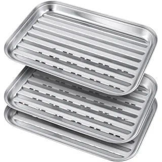 SENJEOK 3 Stück BBQ Grillschalen, 34,5 x 24,2 x 2,7cm Wiederverwendbar Grillschale Edelstahl für Gasgrill Gemüse Fisch oder Fleisch