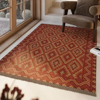 Green Looop Wollteppich »Clare« rechteckig 5 mm Höhe Fransen, Kelim, handgewebt, Natur, Wohnzimmer, Schlafzimmer, Raute Green Looop rost rot B : cm 1 Stk.