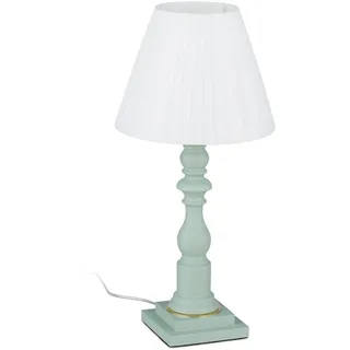 Relaxdays Tischlampe, mit Holzfuß & Stoffschirm, E27-Fassung, Vintage Nachttischlampe, H x D: 47 x 22,5 cm, grün-weiß