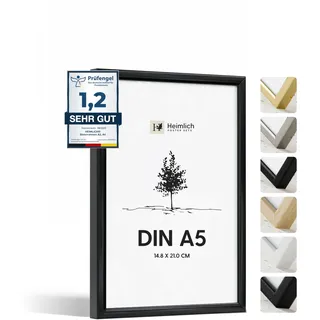 Heimlich® - Bilderrahmen - A5 14,8 x 21 cm, Aluminium, Metall, Schwarz – Diplom-Poster-Collage-Rahmen mit Folienabdeckung – Wandmontage oder Tischaufsteller