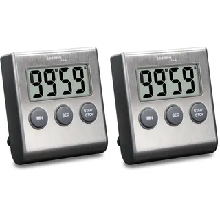 Technoline KT200 - klassischer, digitaler Kurzzeitwecker, Küchenuhr, Eieruhr, hochwertiges Edelstahlgehäuse, Silber, 6.4 x 1.8 x 7.0 cm (Packung mit 2)