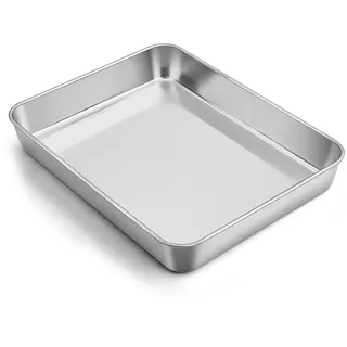 TEAMFAR Backblech, Edelstahl Rechteckigies Backform Auflaufform, 31,6x24,7x4,8cm Tiefes Kuchenblech Fettpfanne für Kuchen/Lasagne/Brownie, Gesund, Leicht zu Reinigen & Spülmaschinenfest