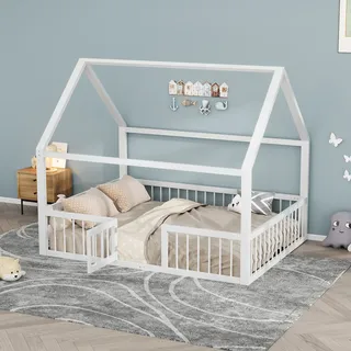 Hausbett mit Lattenrost und Rausfallschutz, 140x200 cm, Metallbett, Kinderbett, Doppelbett, Jugendbett - Weiß