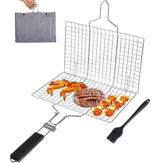 Grillkorb – Edelstahl-Grillkorb, faltbarer Grillkorb mit abnehmbarem Griff, tragbares Grillgitter für Fischsteak, Gemüse, Garnelen, inklusive Backpinsel und Aufbewahrungstasche (32 x 22 cm)