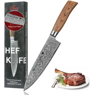 Wakoli EDIB Pro Damast Chefmesser mit Gravur – Personalisiertes Messer, 20 cm Klinge aus 67 Lagen Damaststahl (VG10-Kern), ergonomischer Pakkaholzgriff – Profi Kochmesser in Geschenkbox