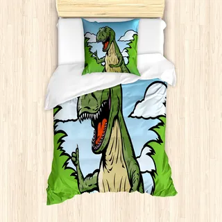 ABAKUHAUS Dinosaurier Mantele, Cartoon T-Rex Lustige, Milbensicher Allergiker geeignet mit Kissenbezügen, 135 cm x 200 cm - 80 x 80 cm, Dunkelgrün Blassblau