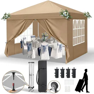 FCH Faltpavillon 3x3 m Gartenpavillon mit 4 Seitenteilen, Pavillon mit 4 Sandsäcke Pavillon Pop Up Partyzelt,Khaki