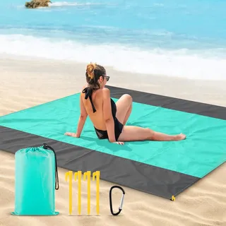 DEPAR Picknickdecke 210 x 200 cm, klappbare Strandmatte, Stranddecke ohne Sand, kleine, wasserdichte Picknick-Decke mit dreieckigen Sandsäcken, 4 Dübel, Picknickdecken für den Außenbereich