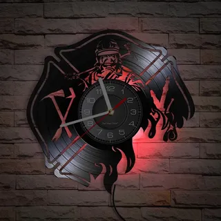 Smotly Vinyl Wanduhr, Feuerwehrmann Muster Analog Uhr, LED Nachtlicht mit Fernbedienung, Wanddekoration Wanduhr Geschenk!