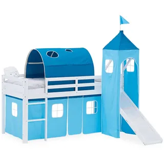 Homestyle4u Hochbett 90/200 cm in weiß Rutsche Blau , Textil , Kiefer , 90x200 cm , Babymöbel & Kindermöbel, Kinderzimmer & Jugendzimmer, Kinderbetten, Hochbetten