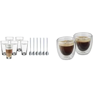 WMF Clever&More Latte Macchiato Gläser Set 12-teilig mit Löffel & Kult doppelwandige Espressotassen Glas Set 2-teilig, Gläser 80ml, Schwebeeffekt, Thermogläser, hitzebeständiges Espresso