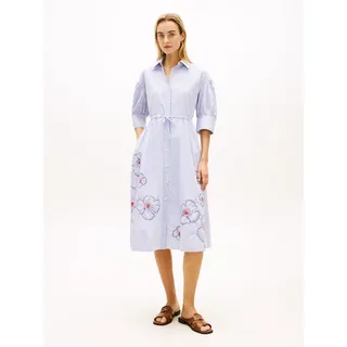 Hemdblusenkleid TOMMY HILFIGER "EMBROIDERED POPLIN SHIRT DRESS", Damen, Gr. M (40), N-Gr, misty lazuli blau stripe, Jersey, Obermaterial: 100% Baumwolle, gestreift, A-Linie, Kleider Hemdblusenkleid, mit Spaghetti-Trägern zum Binden