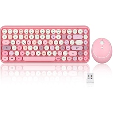 Perixx PERIDUO-713 Kabellose Tastatur und Maus, runde Tasten, Retro Schreibmaschine Design, Multimedia-Tasten, Cute Pink, Italienische QWERTY